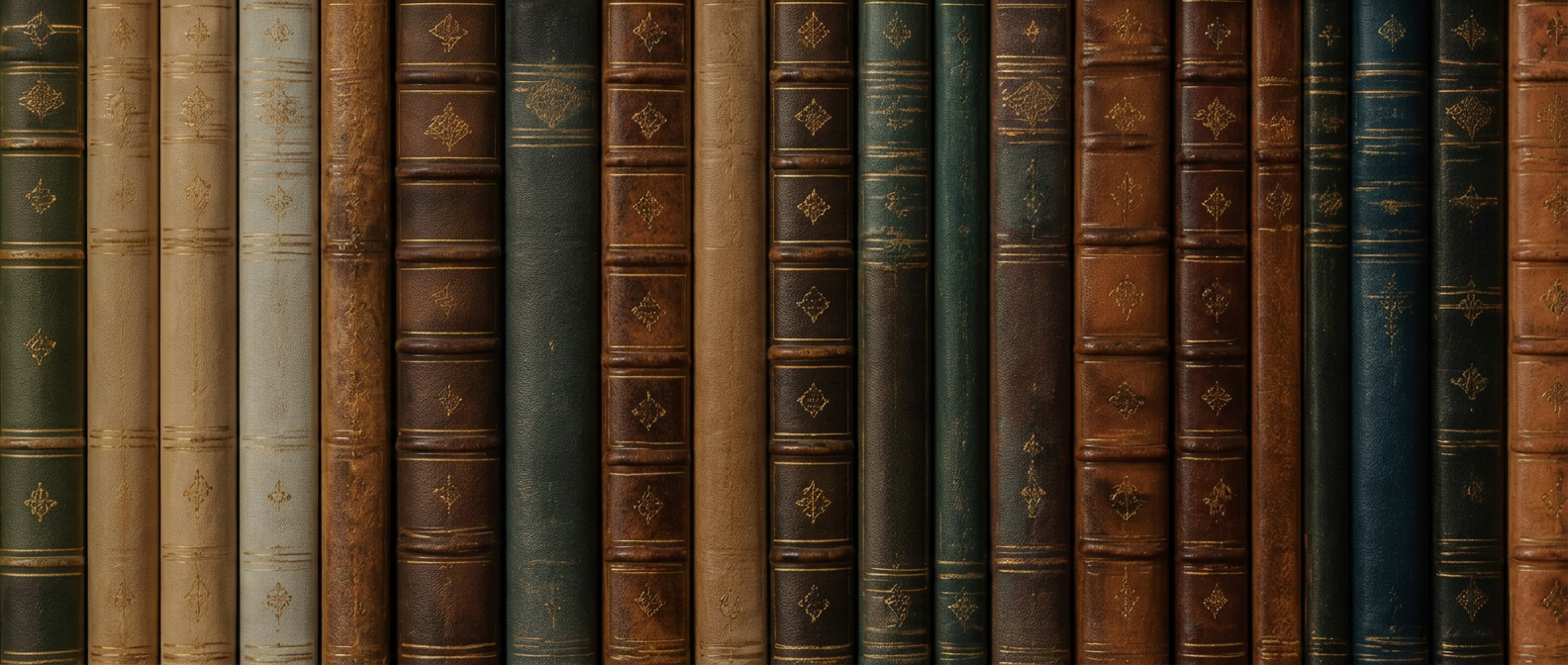 Fileira decorativa de lombadas de livros antigos em tons neutros